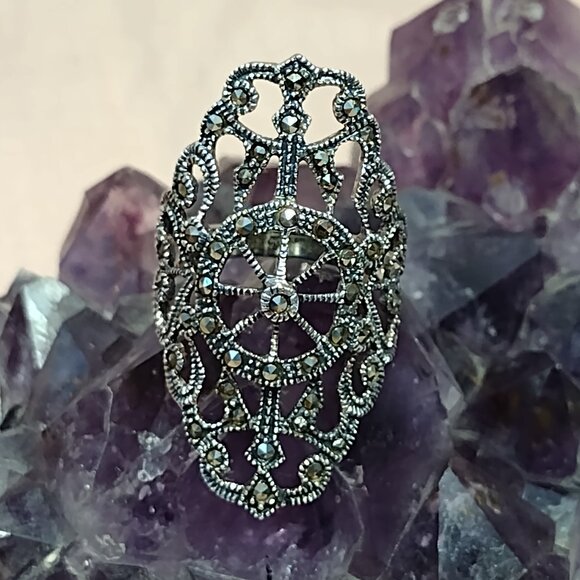 Sterling Silver Marcasite Filigree Ring - Picture 1 of 10
